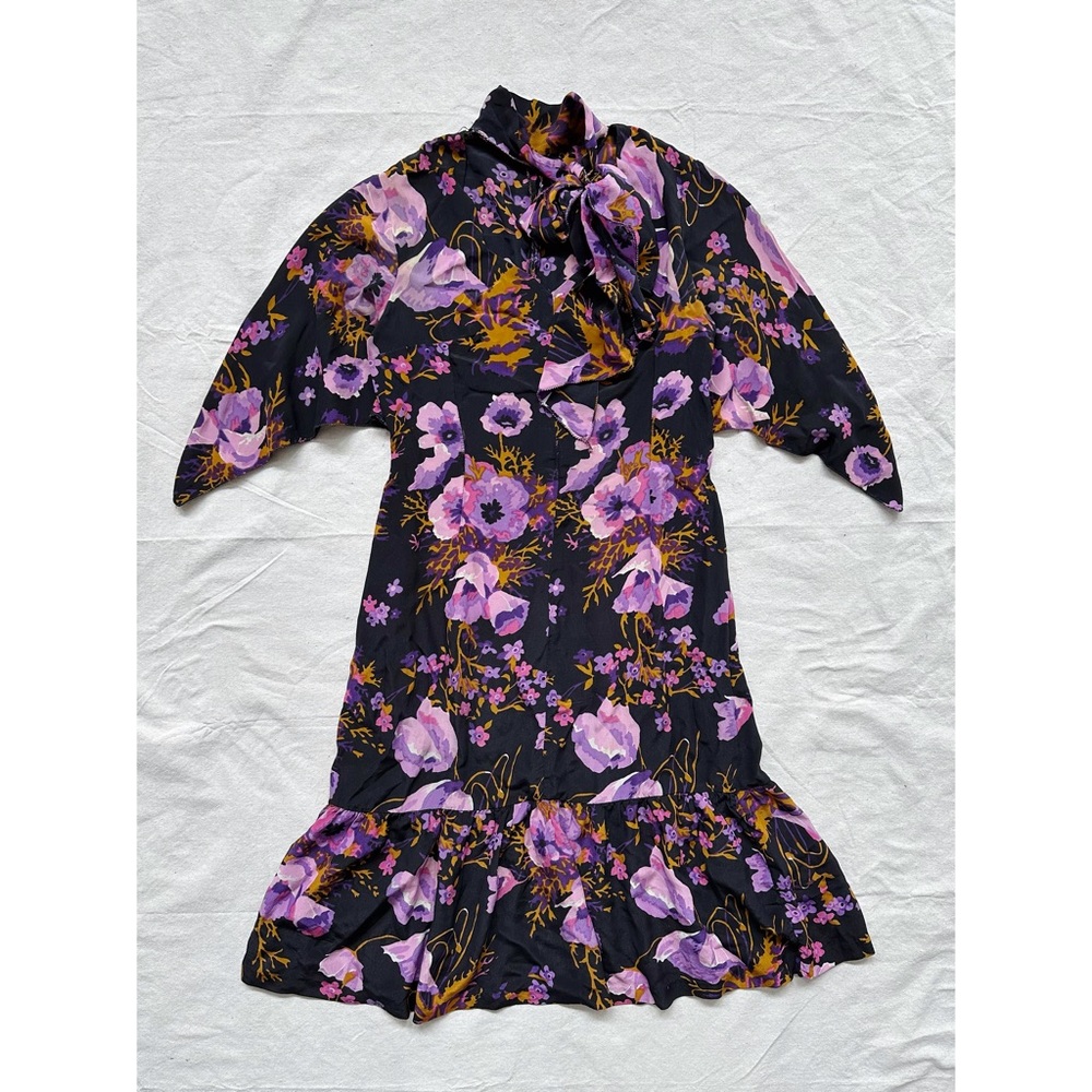 Vintage 50s Black Silk Floral Midi Dress Flutter Sleeves Tie Neck Sweetheart